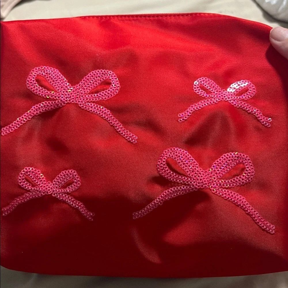 Elegant Red Tote makeup Bag with Pink Bow Accents
